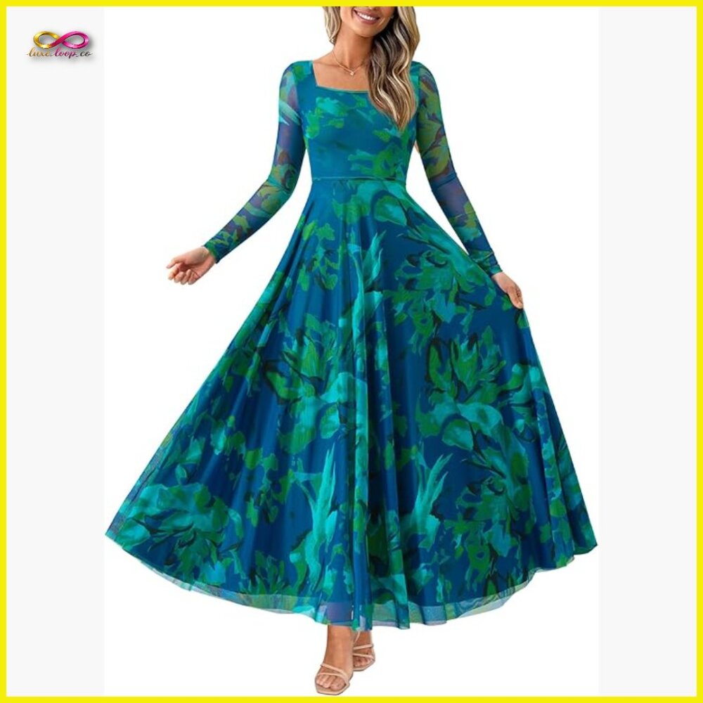 Elegant Maxi Dress Long Sleeve Square Neck Floral Print Boho Formal Party Wear
